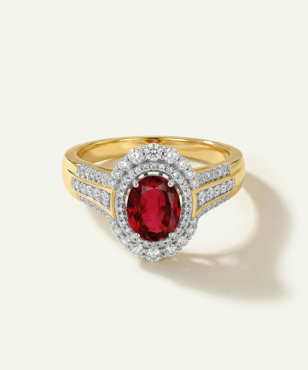 Aanika VRuby & Diamond Oval Halo Split Shank Ring - 0.75 Ct. T.W.