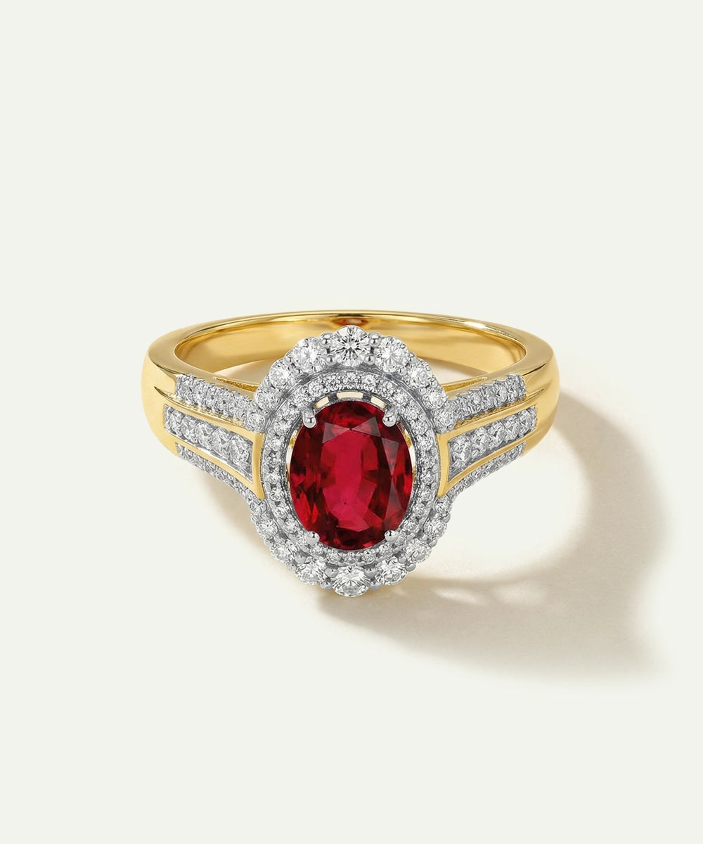 Aanika V. Ruby & Diamond Oval Halo Split Shank Ring -