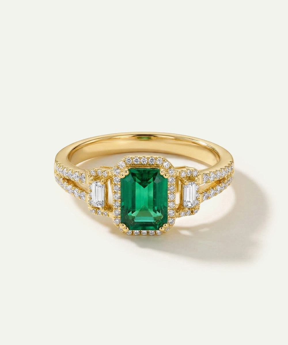 Aanika V. Emerald & Diamond Emerald-Cut Three-Stone Split Shank Ring -