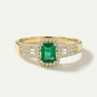 Aanika V. Emerald & Diamond Emerald-Cut Halo Baguette Split Shank Ring -
