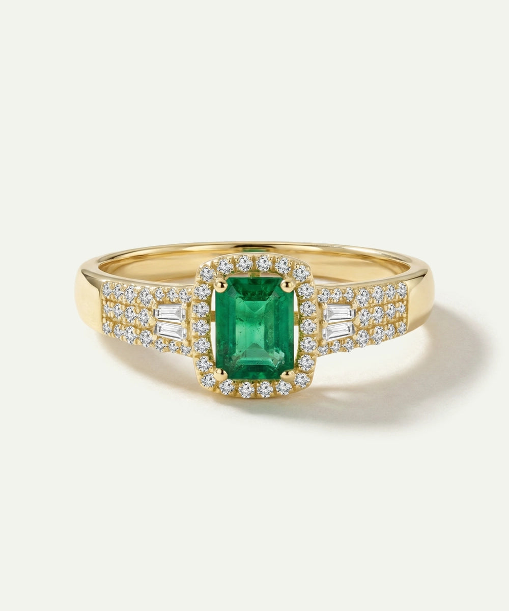 Aanika V. Emerald & Diamond Emerald-Cut Halo Baguette Split Shank Ring -