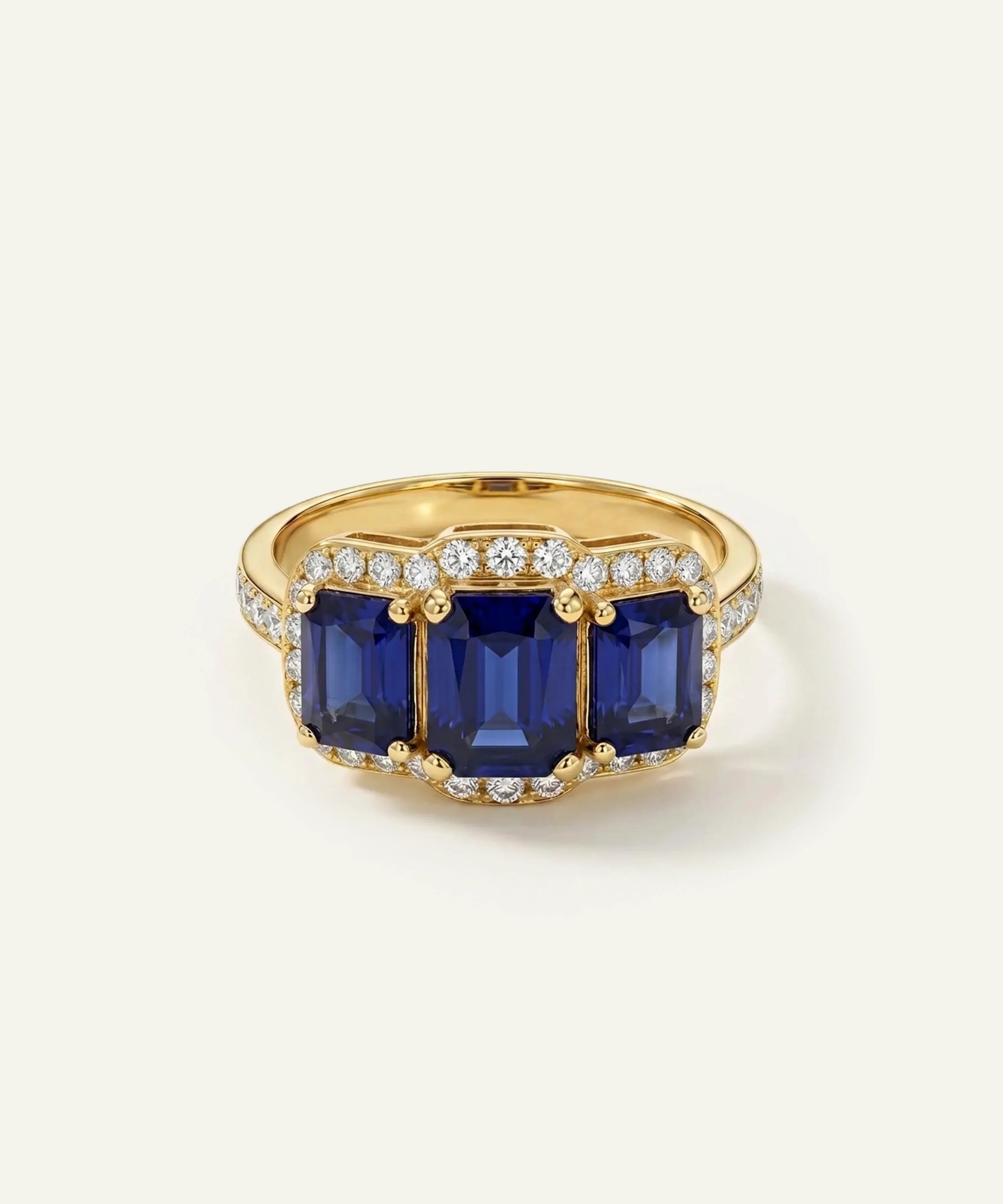 Aanika V. Sapphire & Diamond 3-Stone Halo Ring