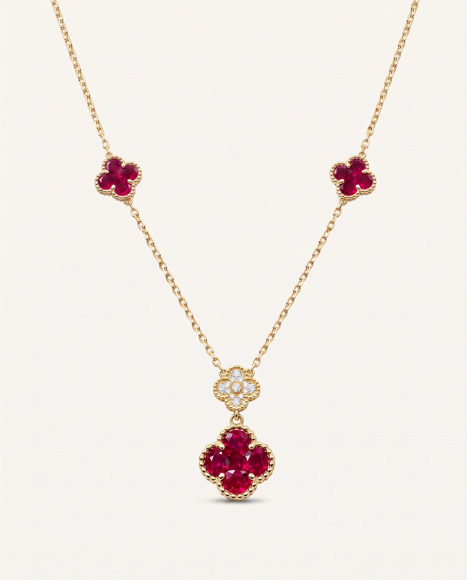 Aanika V. Ruby & Diamond Clover Flower Shape Necklace