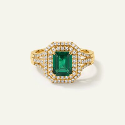 Aanika V. Emerald & Diamond Double Halo Split Shank Ring