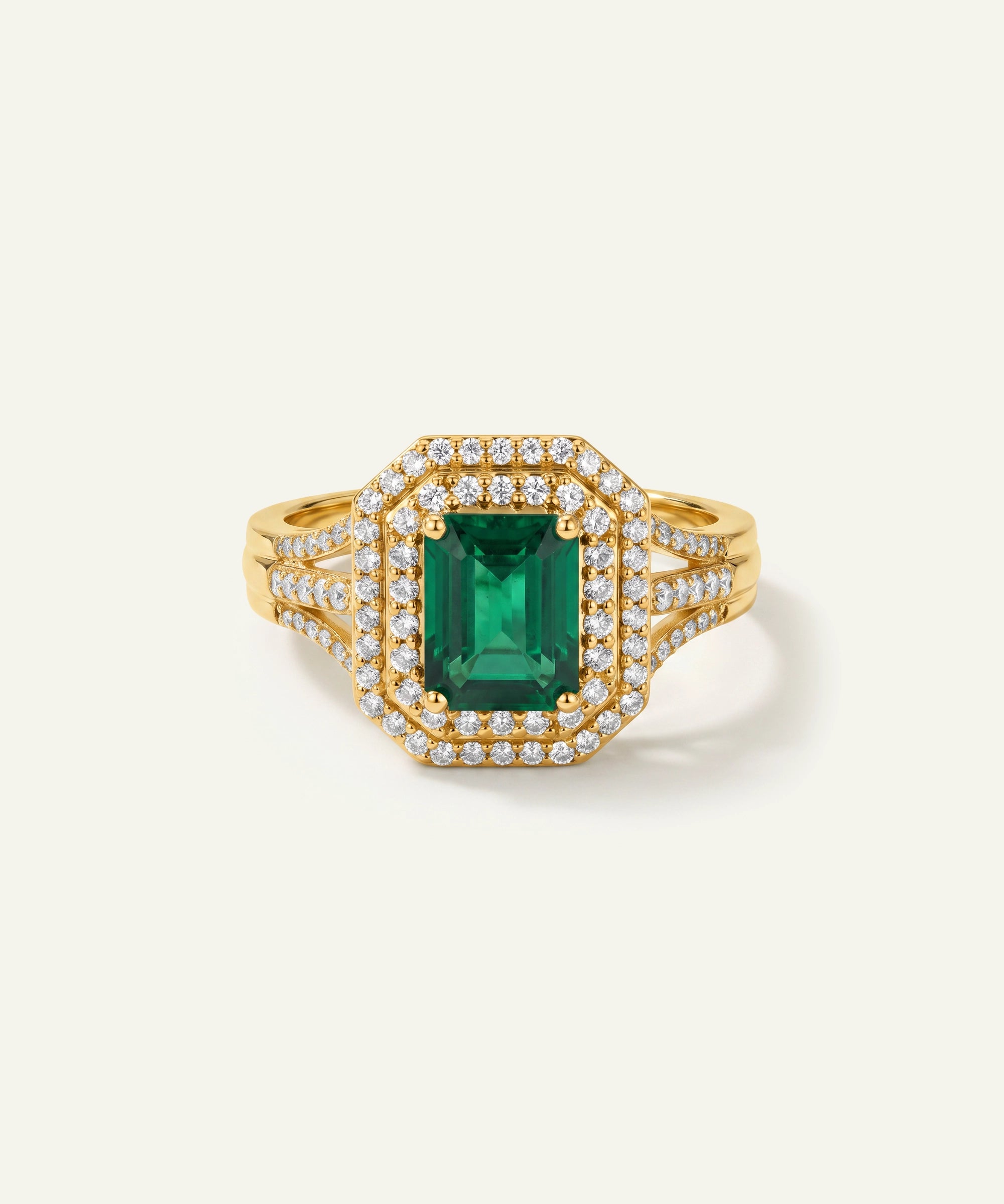 Aanika V. Emerald & Diamond Double Halo Split Shank Ring