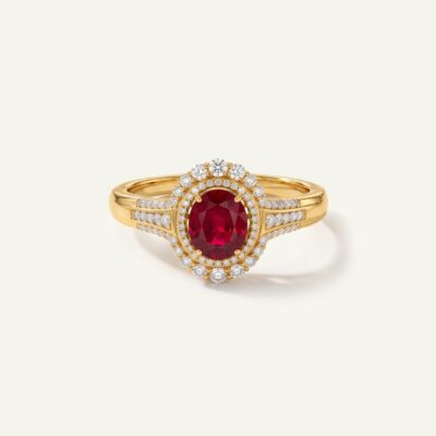 Aanika V. Ruby & Diamond Oval Halo Split Shank Ring -