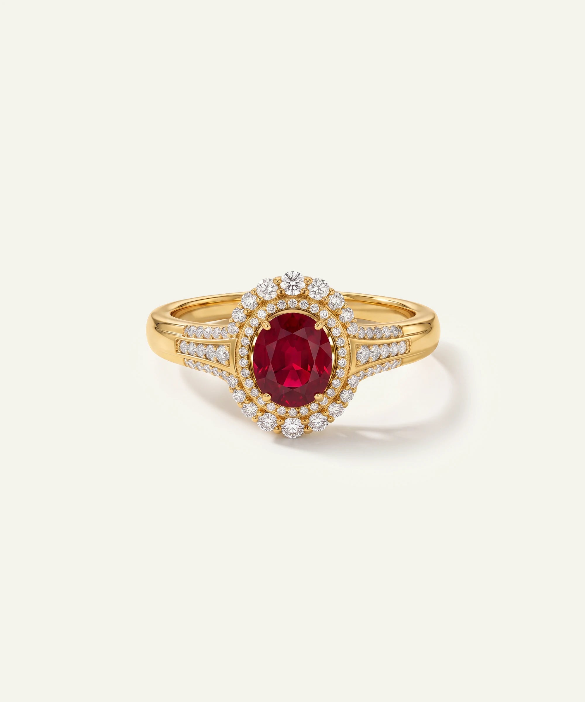 Aanika V. Ruby & Diamond Oval Halo Split Shank Ring -