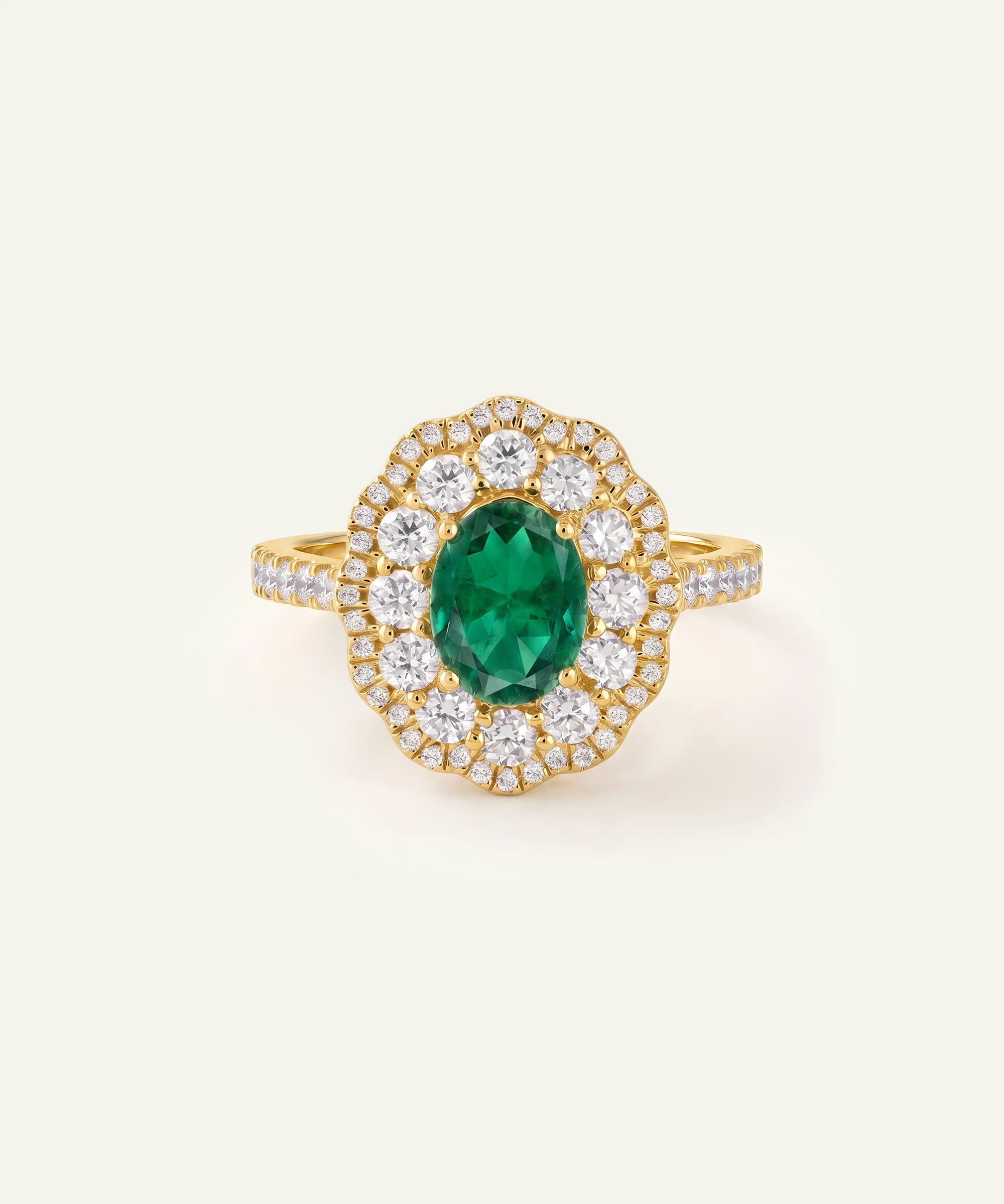 Aanika V. Emerald and Diamond Halo Cluster Ring - 2.00 Ct. T.W.