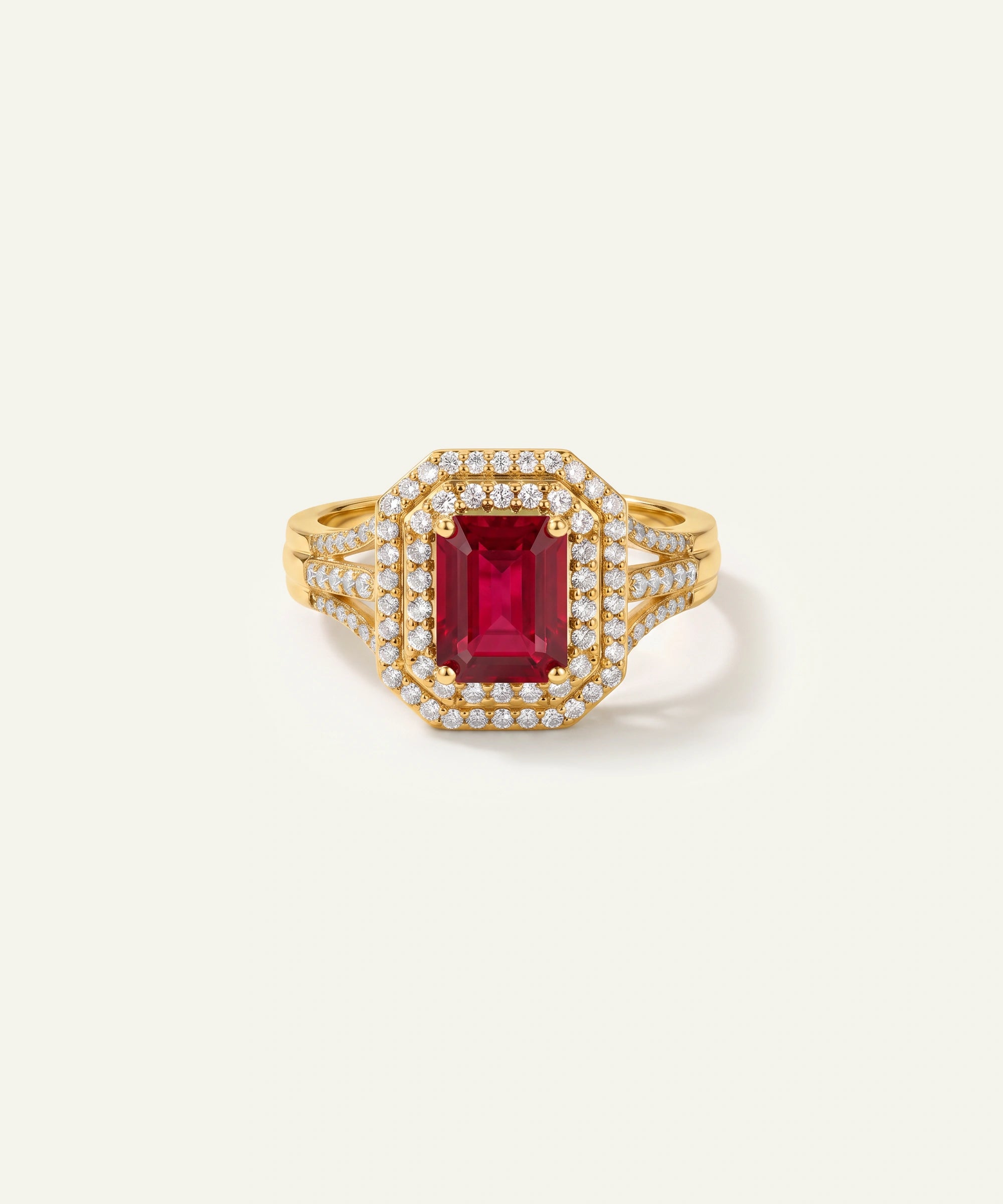 Aanika V. Ruby & Diamond Emerald-Cut Halo Split Shank Ring